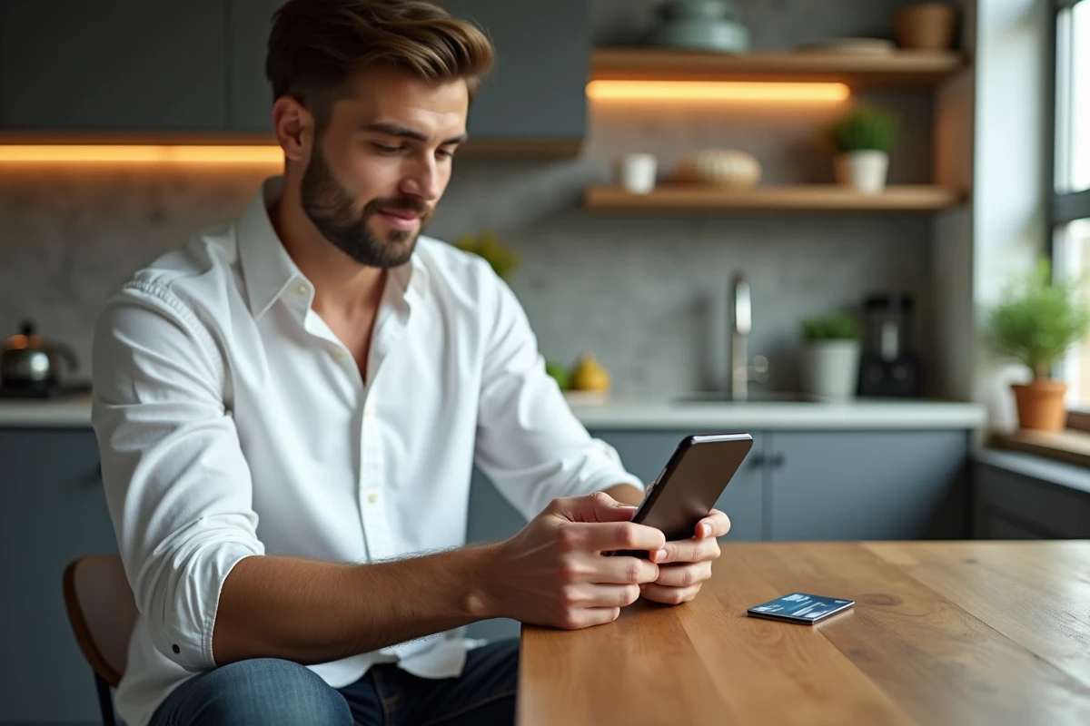 Homme utilisant l'application mobile Western Union pour envoyer de l'argent depuis chez lui