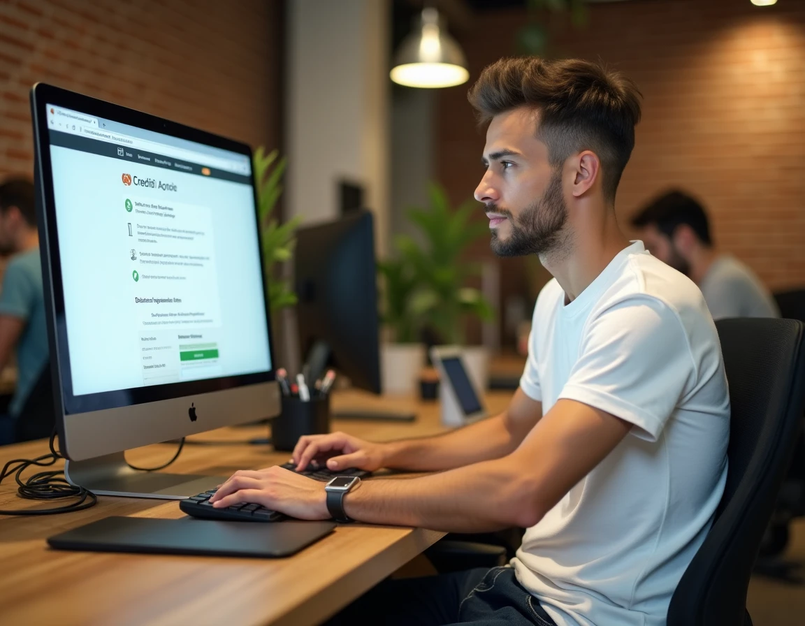 Jeune homme suivant les étapes d'inscription à CA56 sur un ordinateur dans un espace de coworking