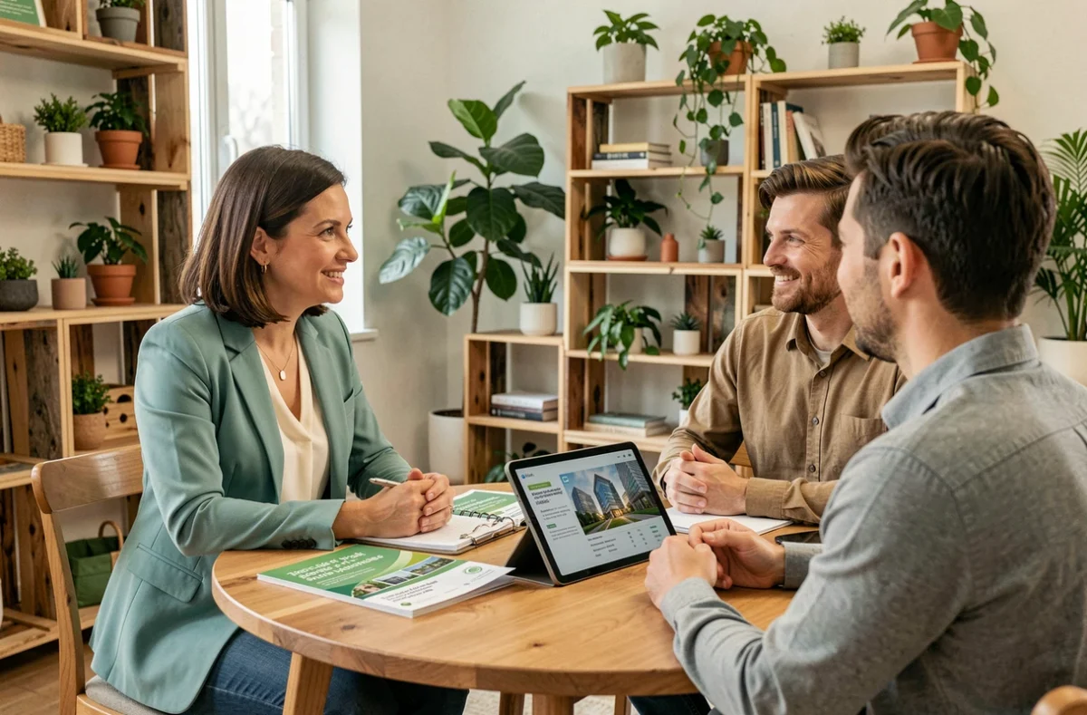 Conseillère d'Ethic Finance présentant des solutions d'investissement responsable à un couple de clients