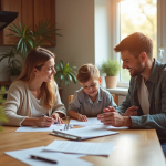 Famille confiante discutant de documents à la maison