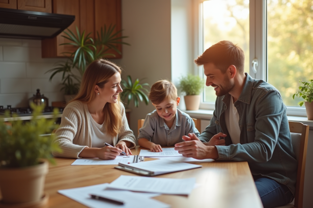 Famille confiante discutant de documents à la maison