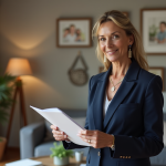 Femme d'affaires en costume bleu dans un salon cosy