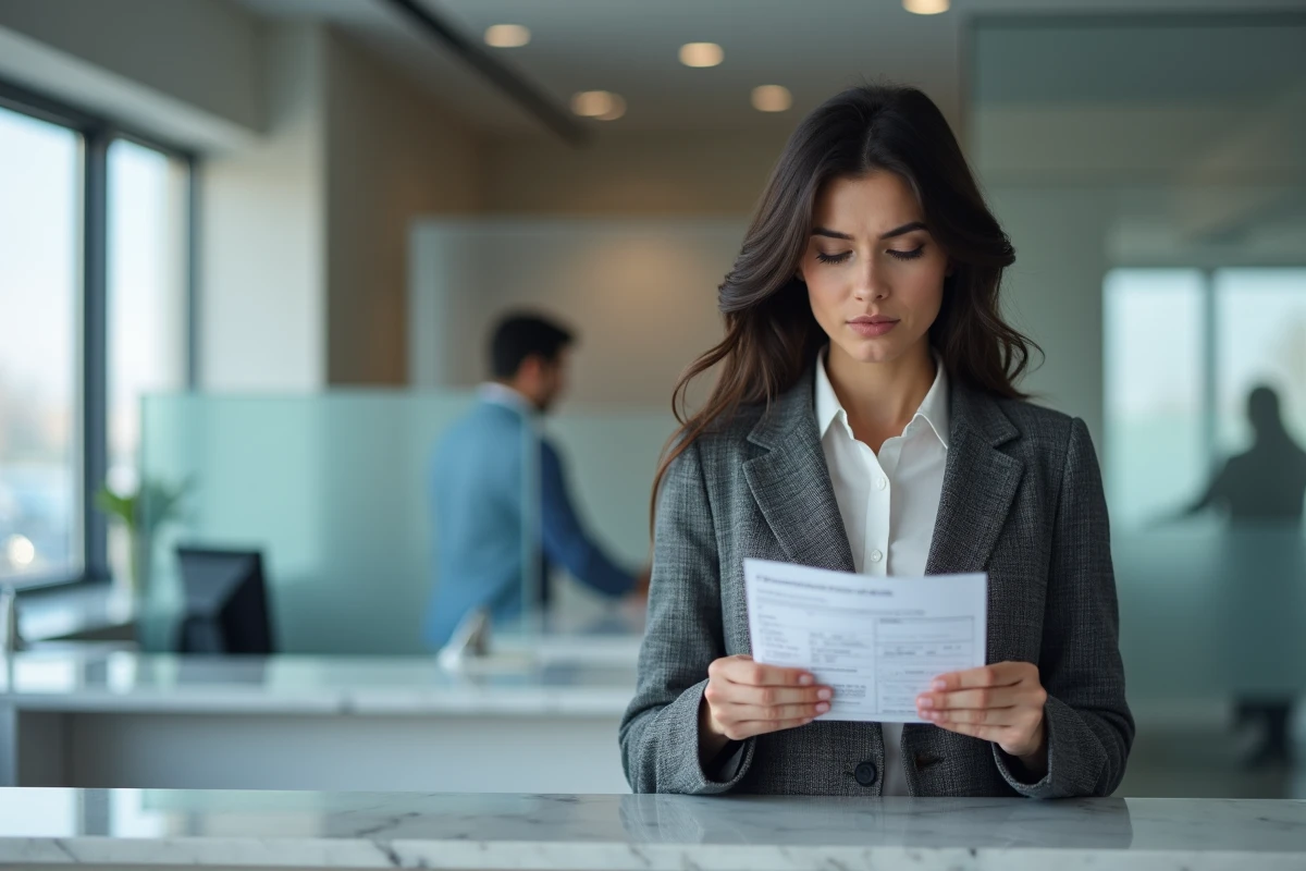Femme consultant un document de transaction dans une agence bancaire face au conseiller