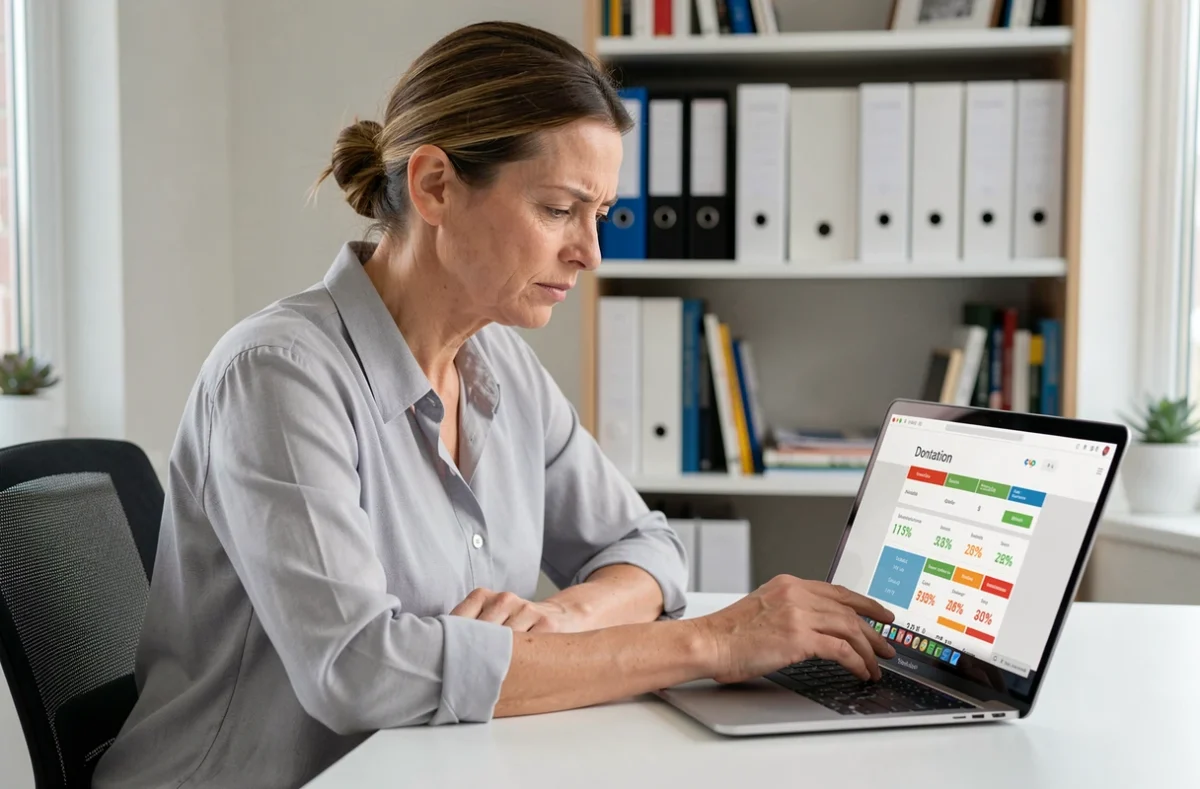 Femme analysant les frais d'une cagnotte en ligne sur ordinateur portable, vérifiant l'impact des commissions sur le montant final reversé