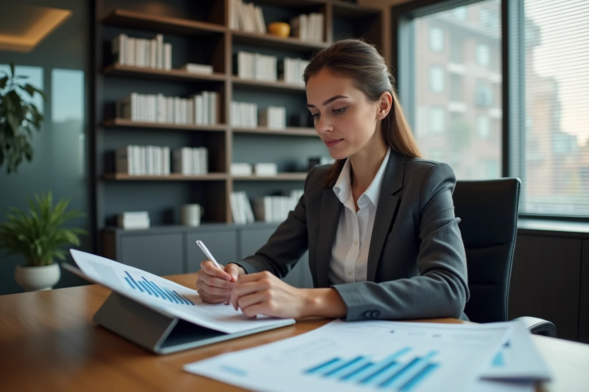 Femme analyste en bureau exécutif consultant des rapports de prévisions boursières et graphiques de hausse pour 2026