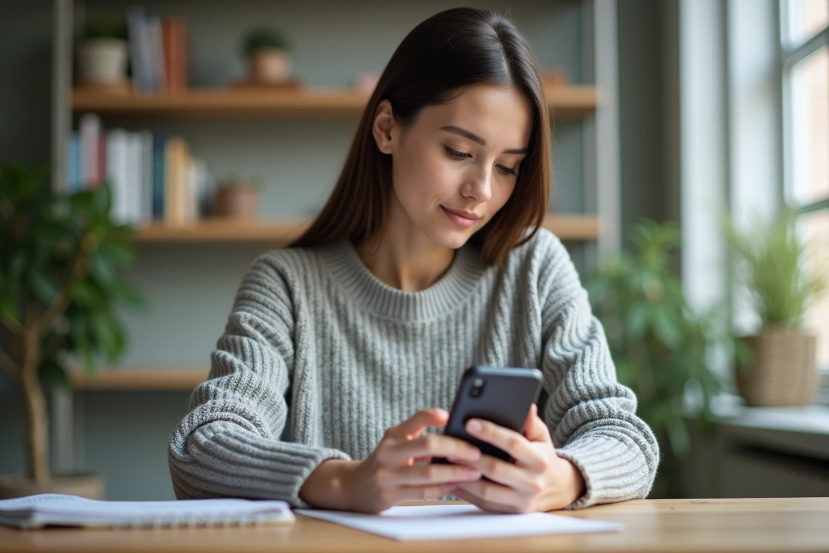 Femme consultant l'application bancaire SG sur son smartphone depuis son bureau à domicile