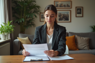 Femme professionnelle examine documents d'assurance à la maison