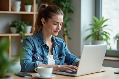 Femme en ligne bancaire dans un bureau moderne