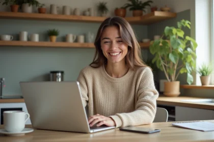 Jeune femme souriante vérifiant ses finances à la maison