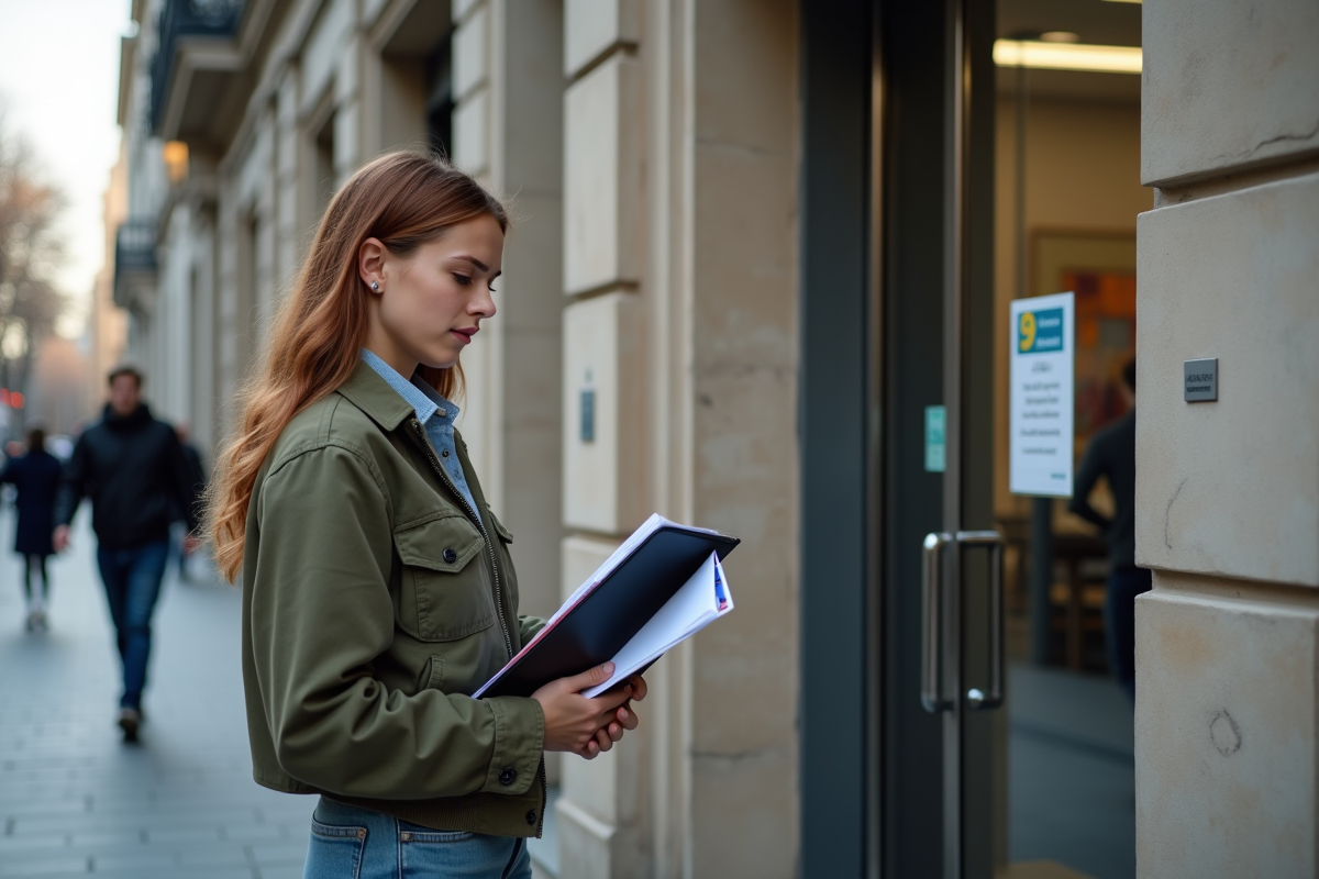 Jeune femme devant une banque fermée avec un regard déçu