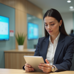 Femme d affaires utilisant une tablette dans une banque moderne