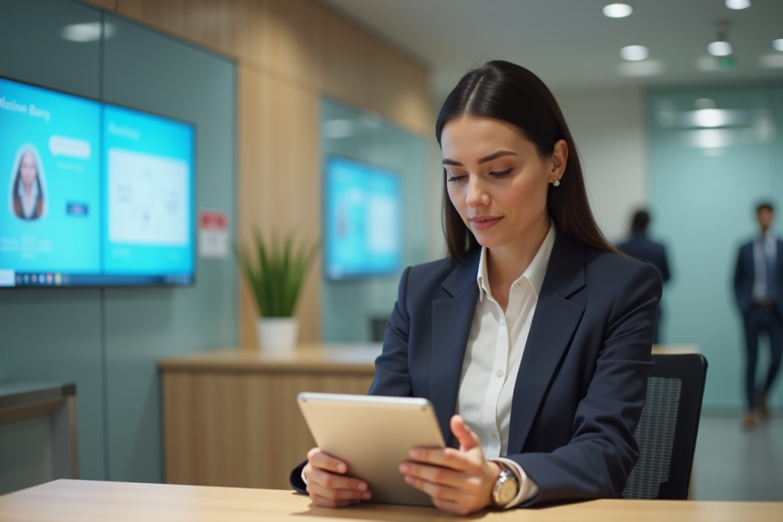 Femme d affaires utilisant une tablette dans une banque moderne