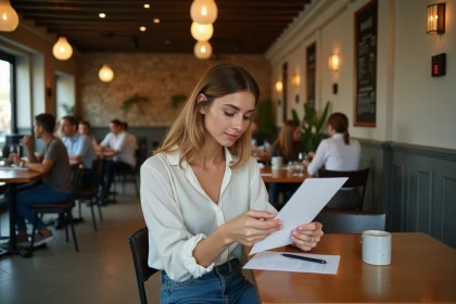 Jeune femme au bistro examine un bon cadeau cadhoc