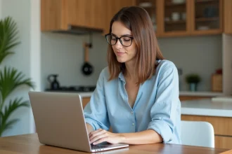 Femme au bureau cuisine utilisant un ordinateur portable