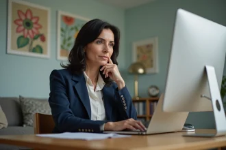 Femme d'âge moyen travaillant sur son ordinateur à domicile