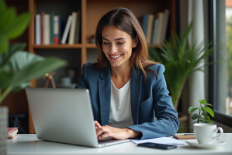 Femme concentrée travaillant sur son ordinateur dans un bureau moderne