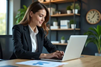 Femme d affaires concentrée devant son ordinateur au bureau