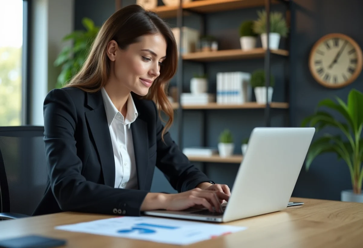 Femme d affaires concentrée devant son ordinateur au bureau