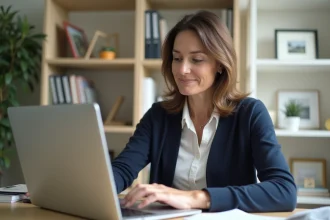 Femme d'âge moyen travaillant à un bureau organisé à la maison