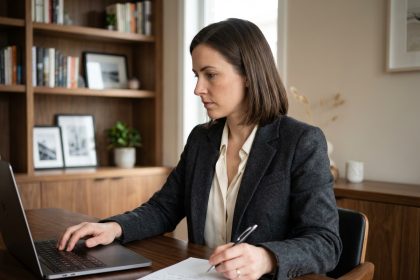 Femme en bureau moderne travaillant sur son ordinateur