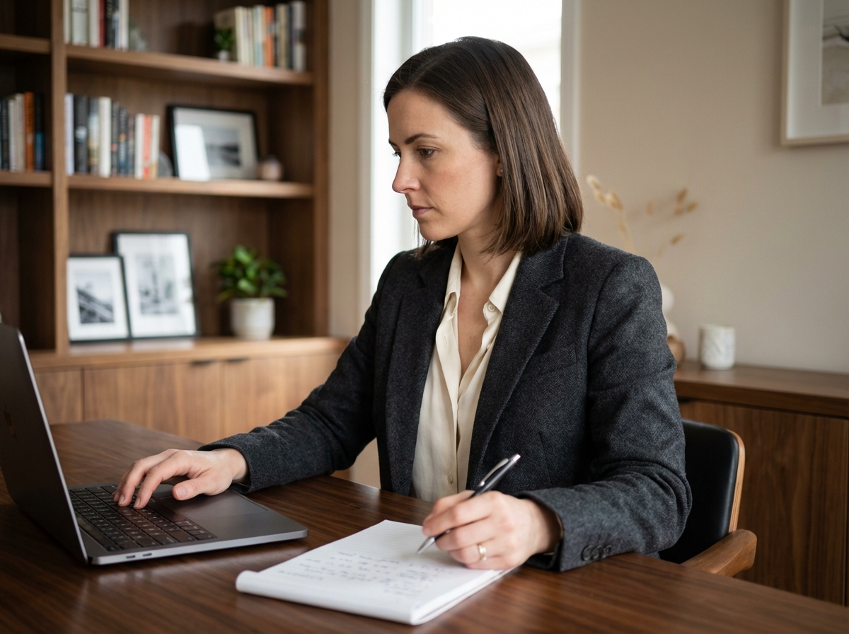 Femme en bureau moderne travaillant sur son ordinateur