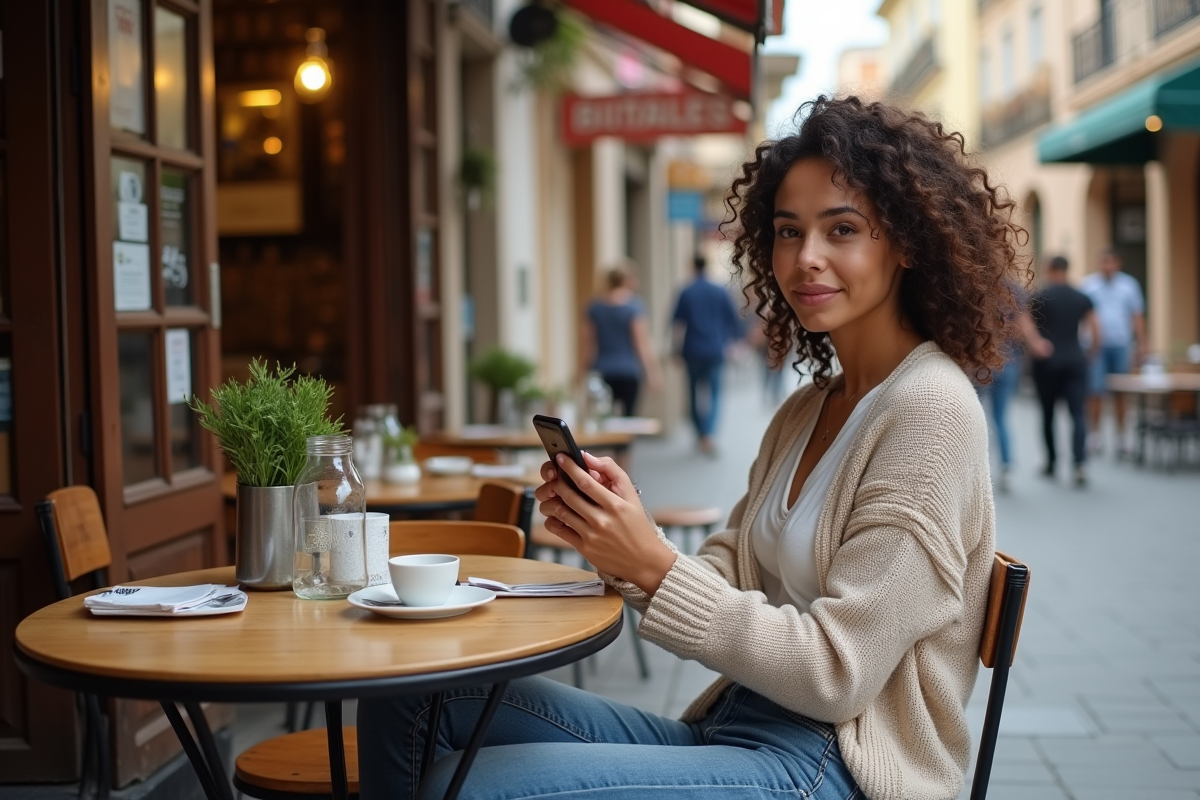 Jeune femme avec smartphone affichant une transaction Bitcoin au café