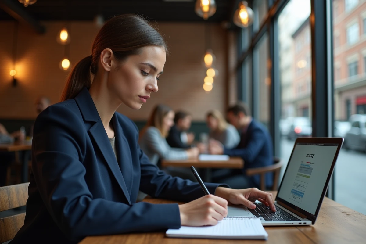 Jeune femme en formation dans un café chaleureux