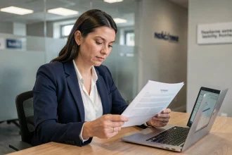 Femme comparant les offres du Crédit Agricole Gers et d'une banque en ligne dans une agence bancaire moderne