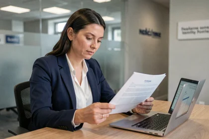 Femme comparant les offres du Crédit Agricole Gers et d'une banque en ligne dans une agence bancaire moderne