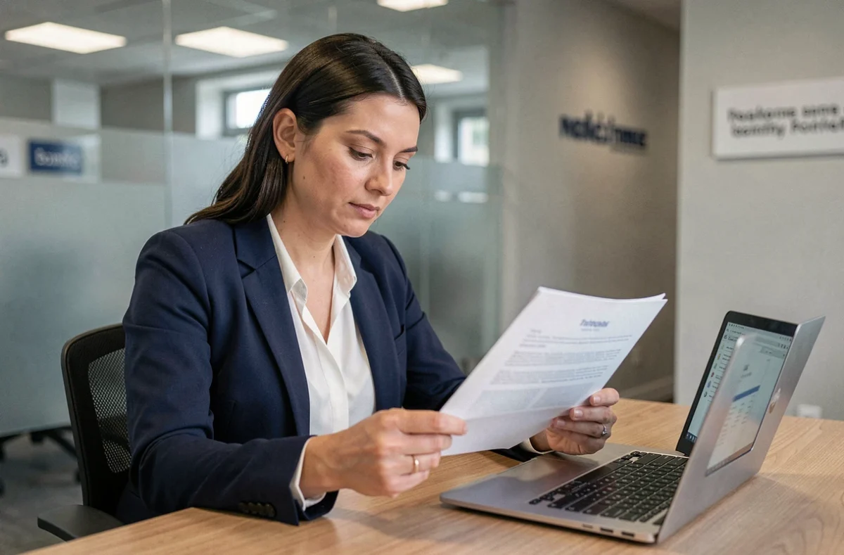 Femme comparant les offres du Crédit Agricole Gers et d'une banque en ligne dans une agence bancaire moderne
