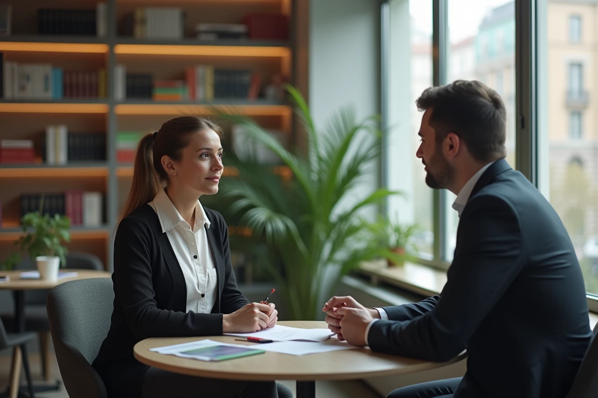 Femme discutant avec un conseiller financier dans un espace accueillant