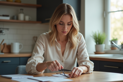 Femme coupe une ancienne carte bancaire dans la cuisine