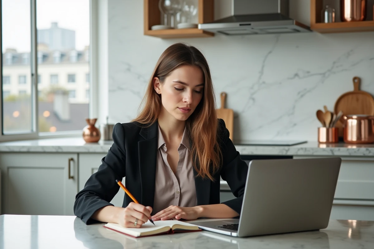 Femme vérifiant les prix du cuivre sur son ordinateur portable