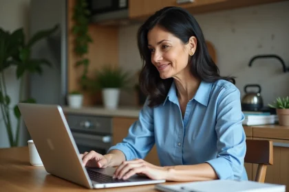 Femme d'âge moyen travaillant sur son ordinateur dans la cuisine