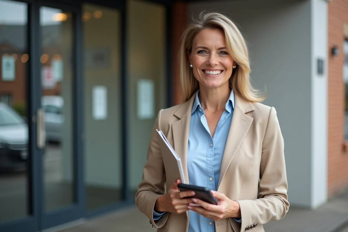 Femme souriante en extérieur tenant un dossier et un smartphone