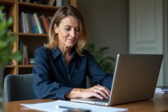 Femme remplissant la case 7DB de sa déclaration d'impôts en ligne sur un ordinateur portable dans un bureau à domicile