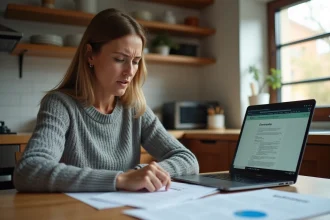 Femme consultant des documents administratifs liés au versement 1745 CAF et aux impôts sur une table en bois