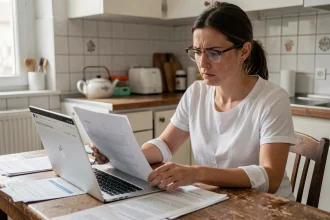 Femme consultant ses documents CAF et calculant ses droits à la prime d'activité dans une cuisine modeste