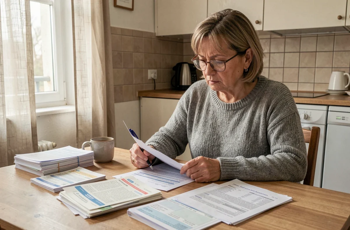 Femme examinant ses documents fiscaux et financiers à domicile pour préparer un dossier de rachat de crédit