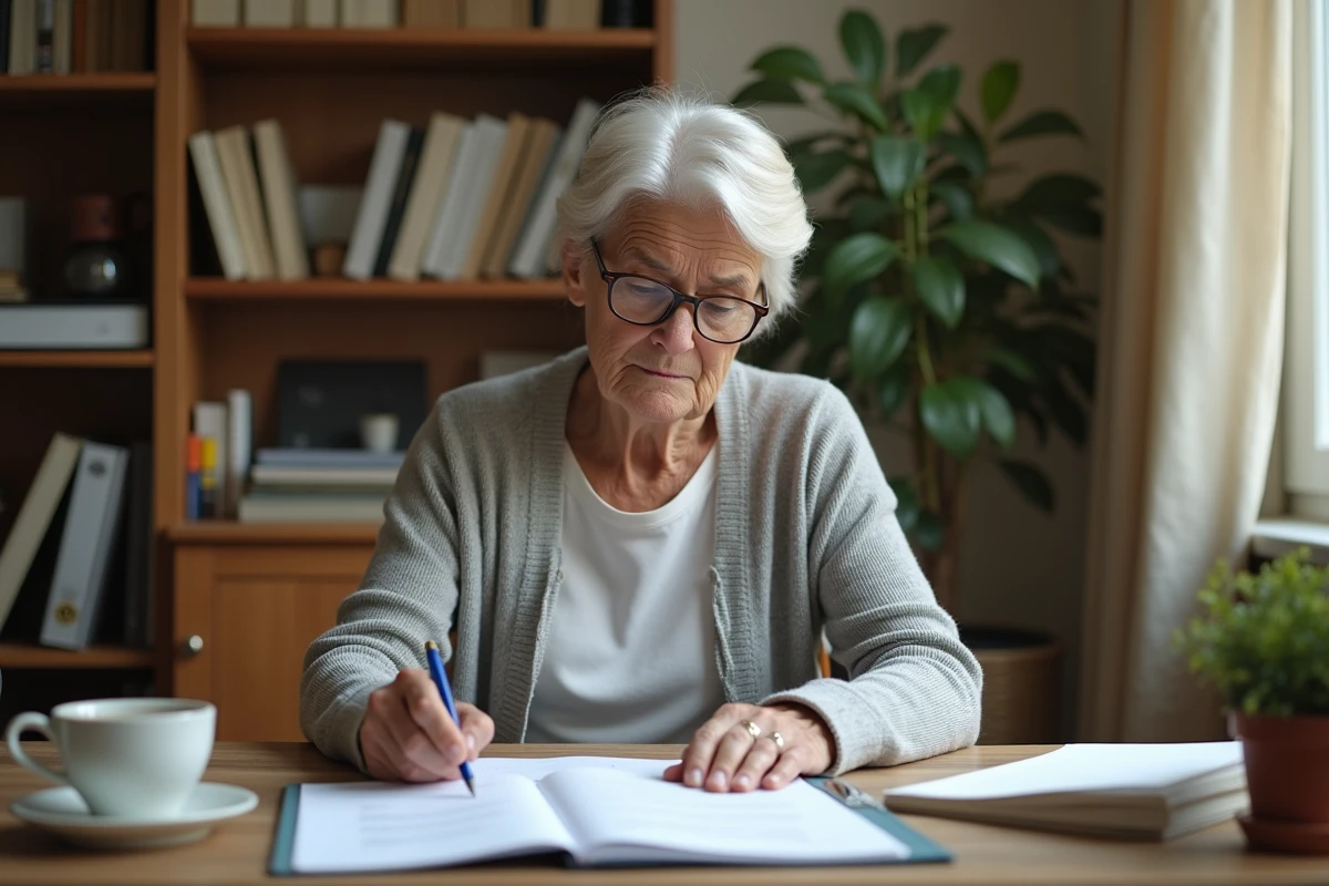 Femme mature examinant des documents administratifs liés à la tutelle et à l'aide sociale à son bureau à domicile