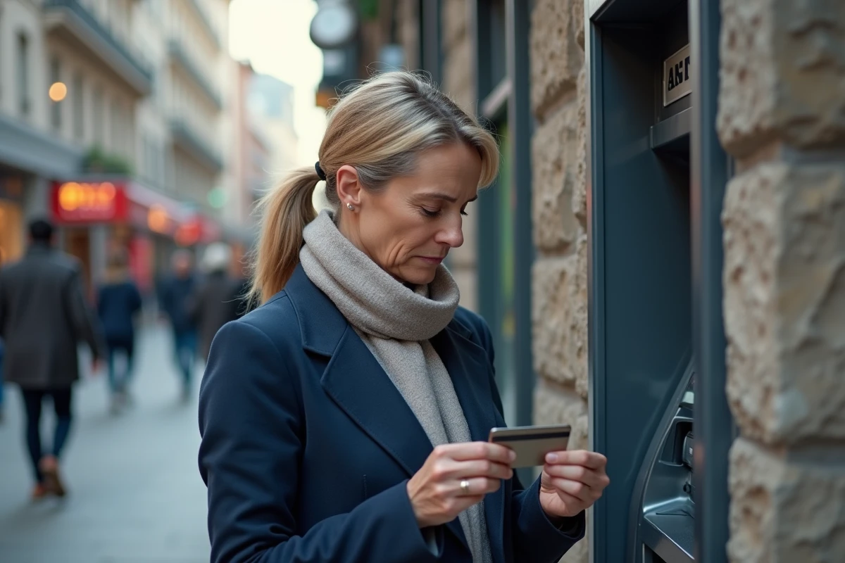 Femme confuse devant un distributeur automatique en ville commettant une erreur de retrait d'argent