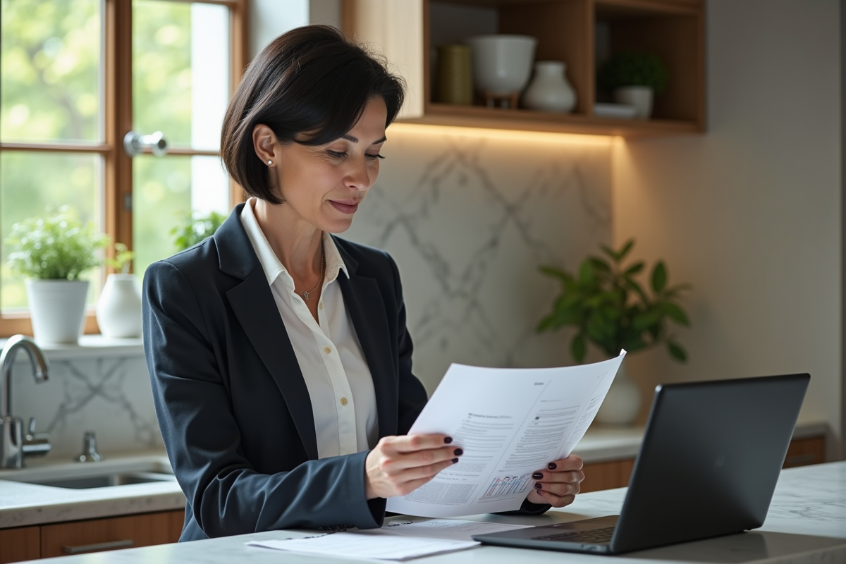 Femme d age moyen vérifie ses finances dans la cuisine