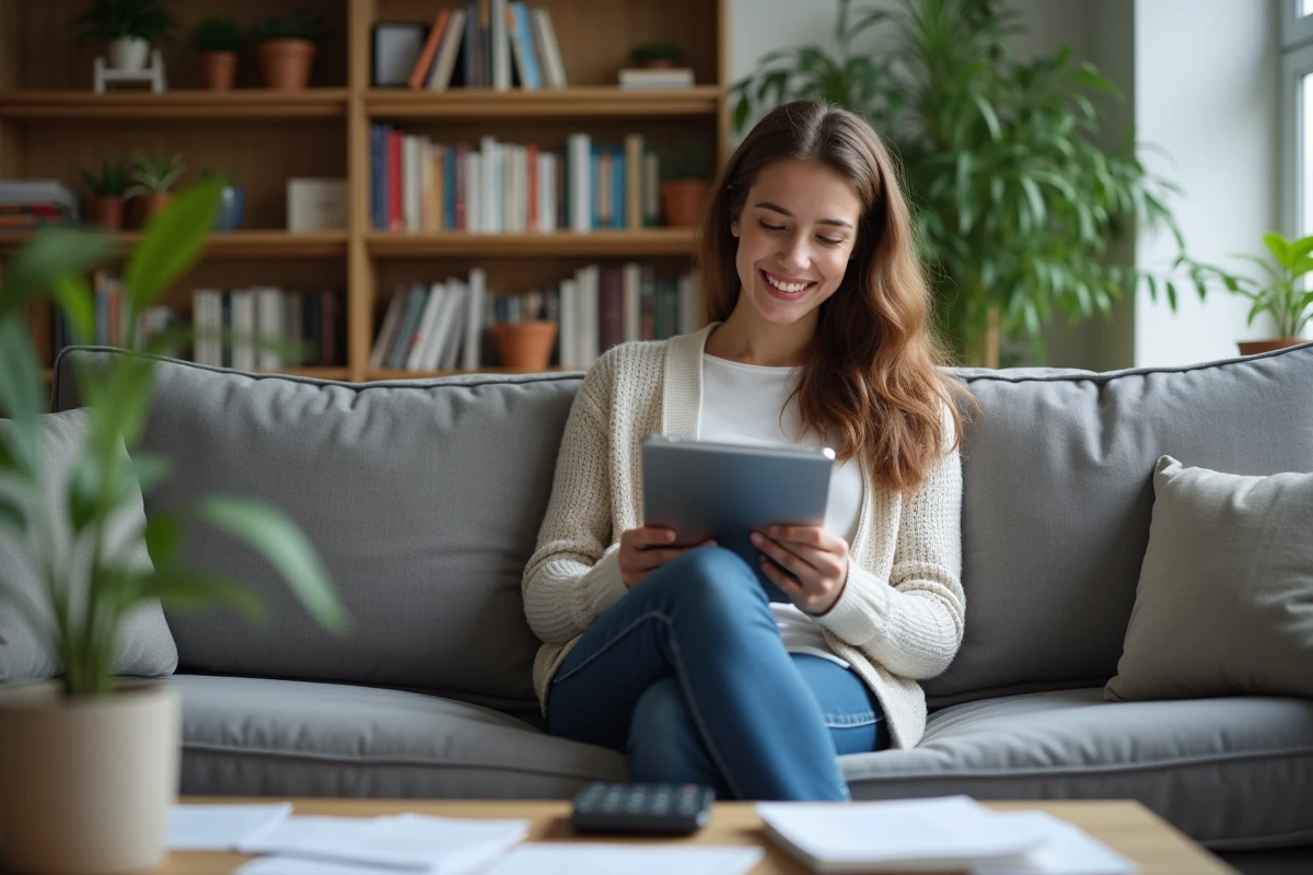 Jeune femme vérifiant ses finances sur une tablette dans le salon
