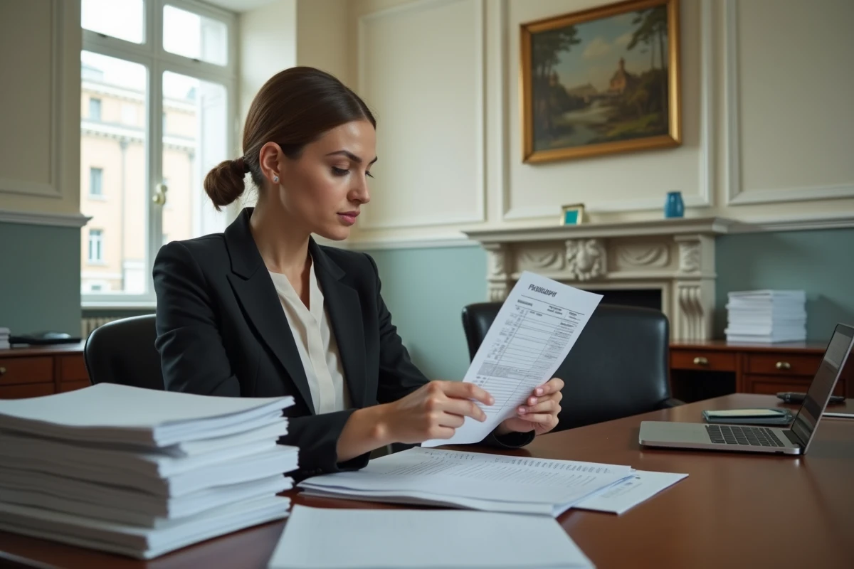 Femme fonctionnaire examinant une fiche de paie au bureau
