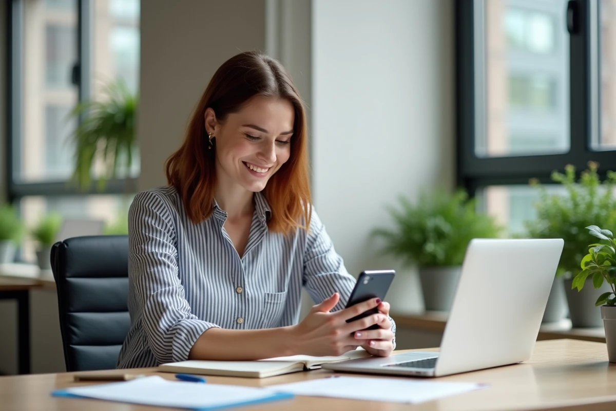 Jeune femme vérifiant son compte bancaire sur smartphone au bureau