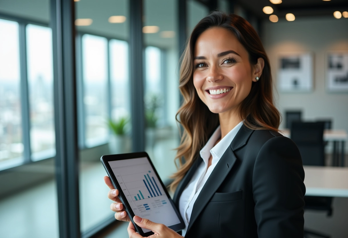 Femme souriante tenant une tablette avec graphique en agence immobiliere