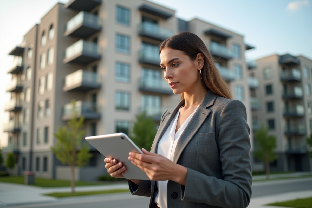 Jeune femme observant un immeuble neuf en ville