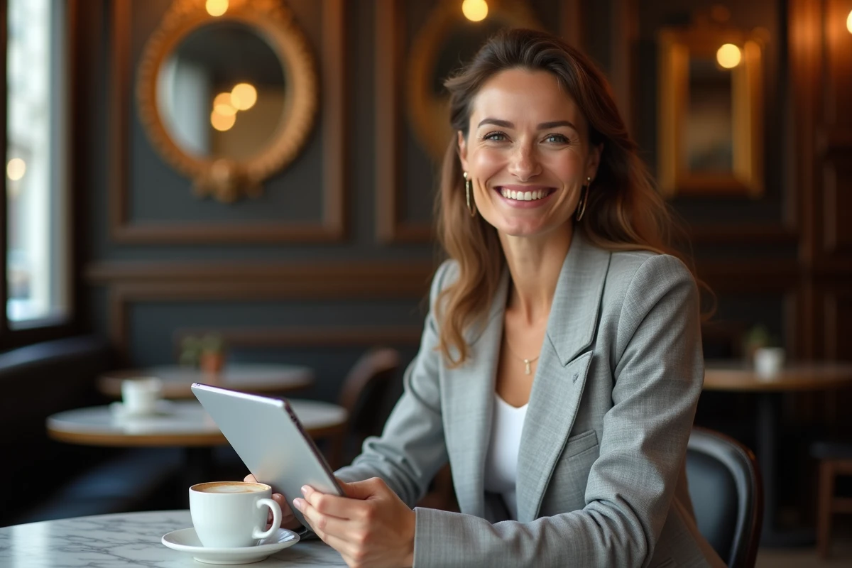 Femme investisseuse consultant les performances boursières de la FDJ sur une tablette dans un café parisien