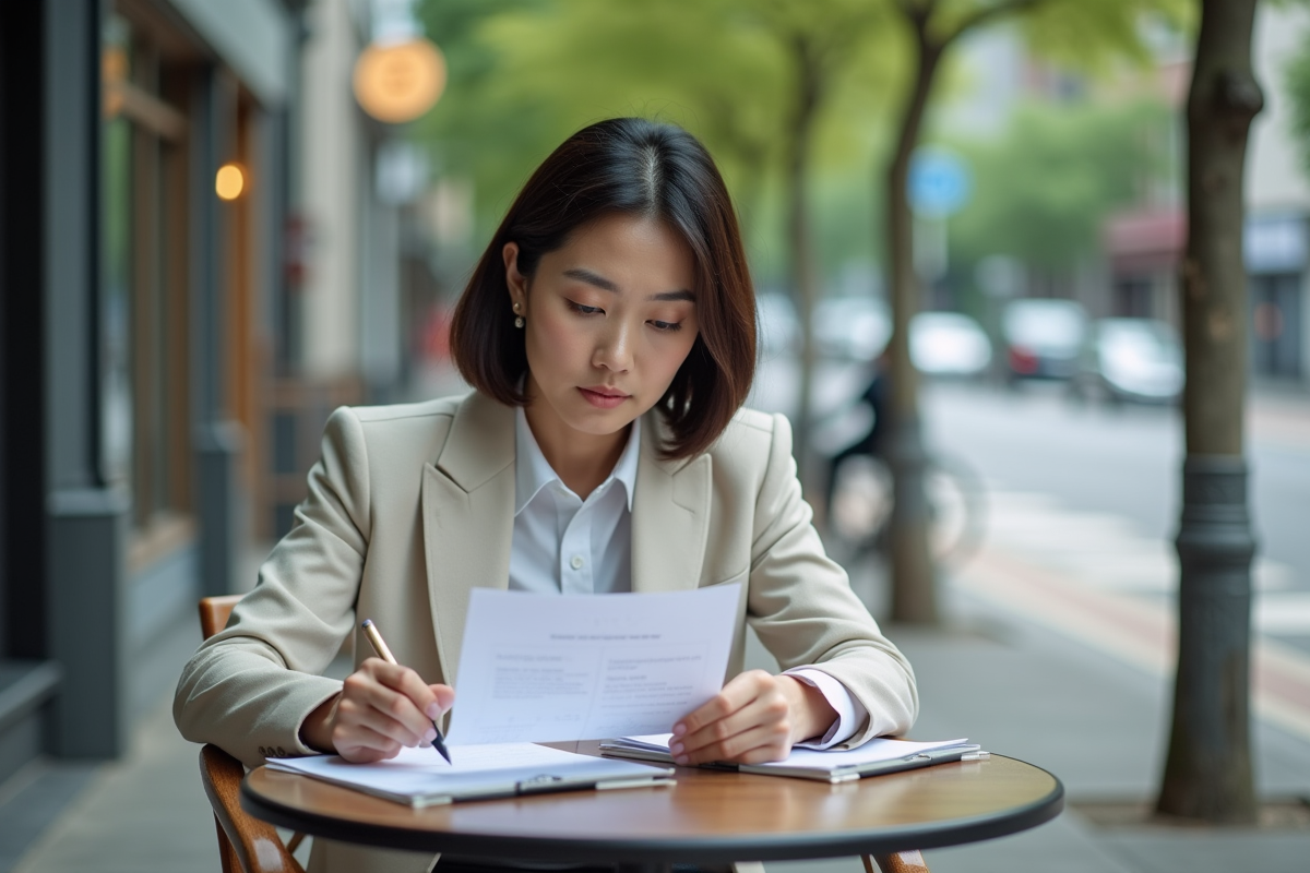Femme japonaise lisant un formulaire de pret dans un café