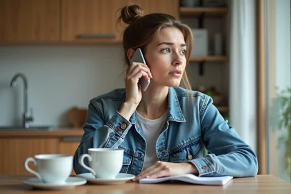 Jeune femme en cuisine parlant au téléphone